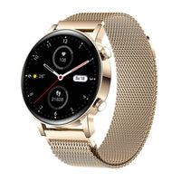 Goldene Damen-Smartwatch mit rundem Zifferblatt und Mesh-Armband, stilvoll und modern.