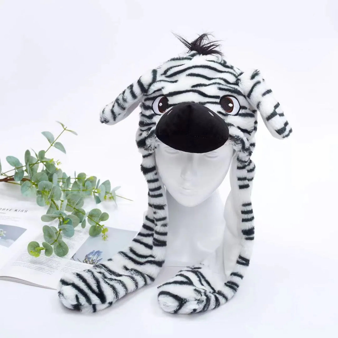 Zebra Plüschmütze mit Ohren, schwarz-weiß gestreift, für Kinder, lustiges Tierkostüm Accessoire.