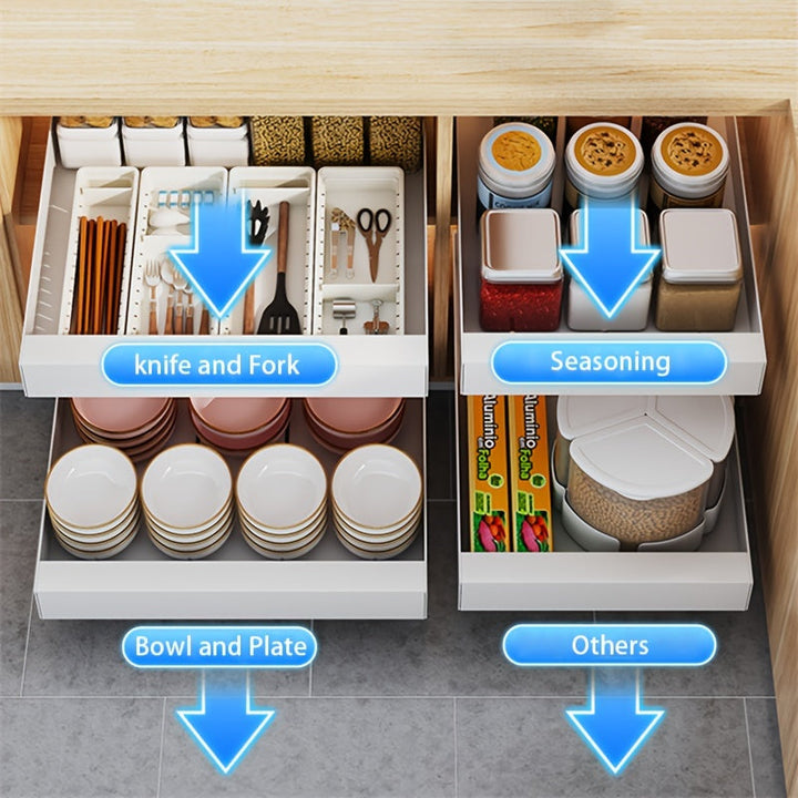 Küchenschubladen-Organizer mit Besteck, Gewürzen, Schalen und Tellern, platzsparend, weiß.