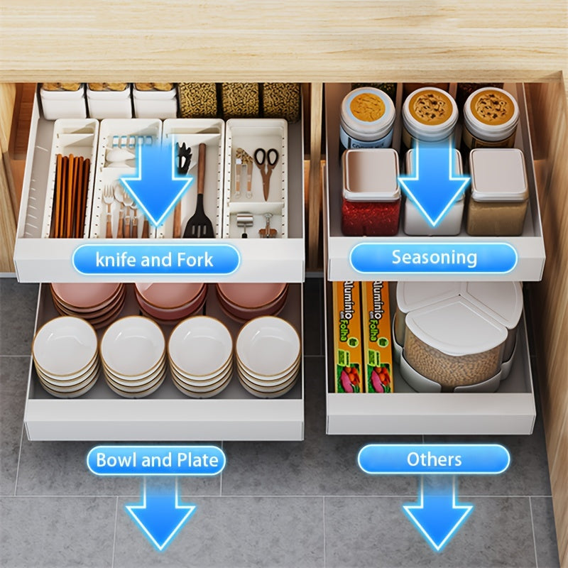 Küchenschubladen-Organizer mit Besteck, Gewürzen, Schalen und Tellern, platzsparend, weiß.