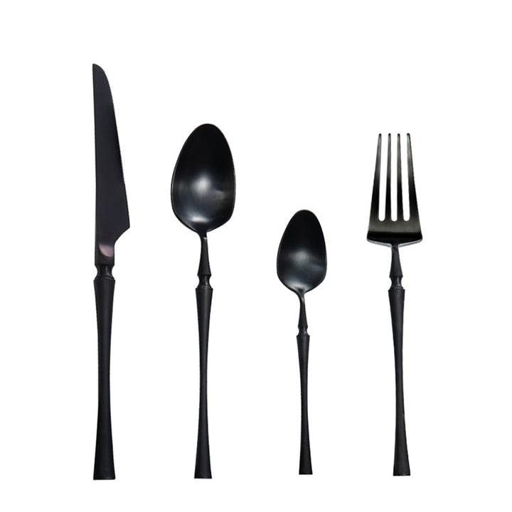 Schwarzes Edelstahl-Besteckset, 4-teilig, modernes Design, Messer, Gabel, Löffel, Teelöffel.