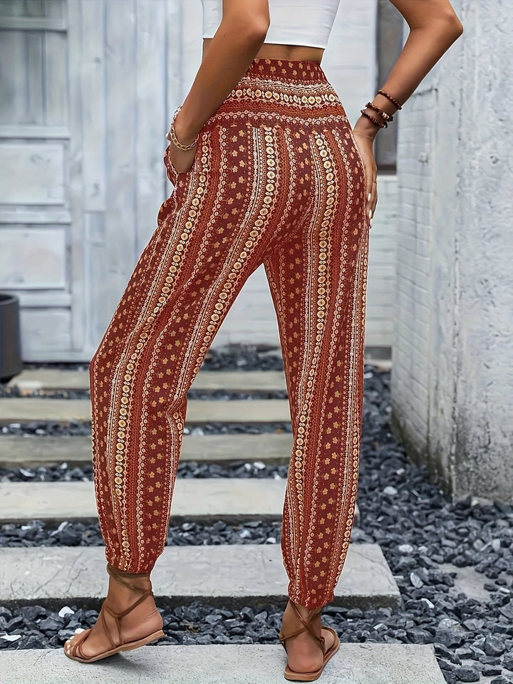 Boho High-Waist Damenhose mit Print & gesmoktem Bund – Linara