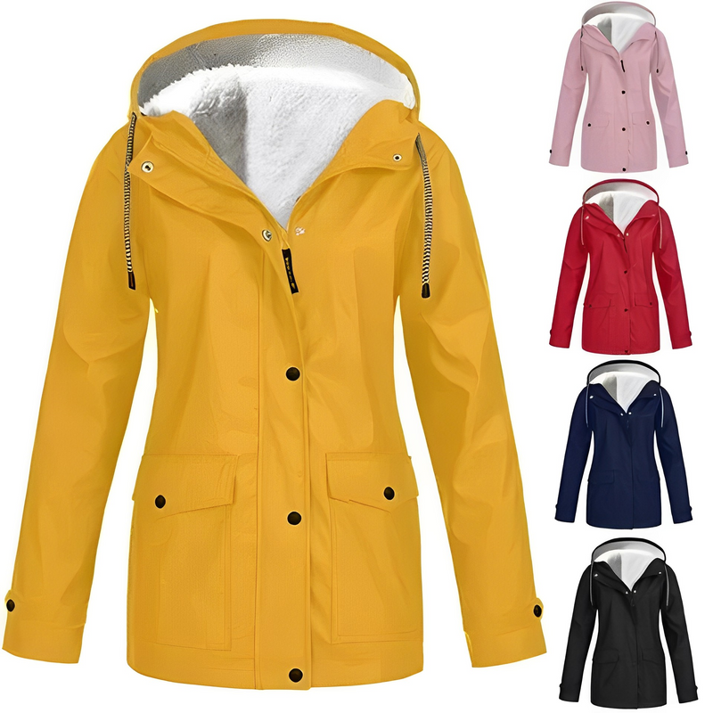 Gelbe Damen-Regenjacke mit Kapuze, wasserdicht, Fleece-Futter, verschiedene Farben verfügbar.