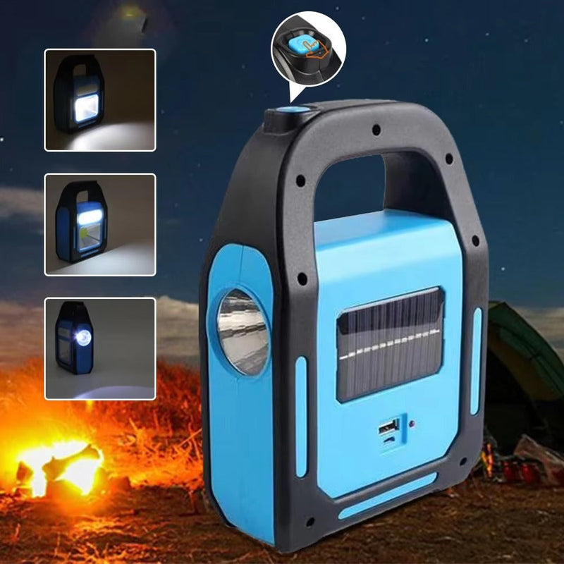 Tragbare blaue Solarlaterne mit USB-Anschluss, ideal für Camping und Outdoor-Aktivitäten.