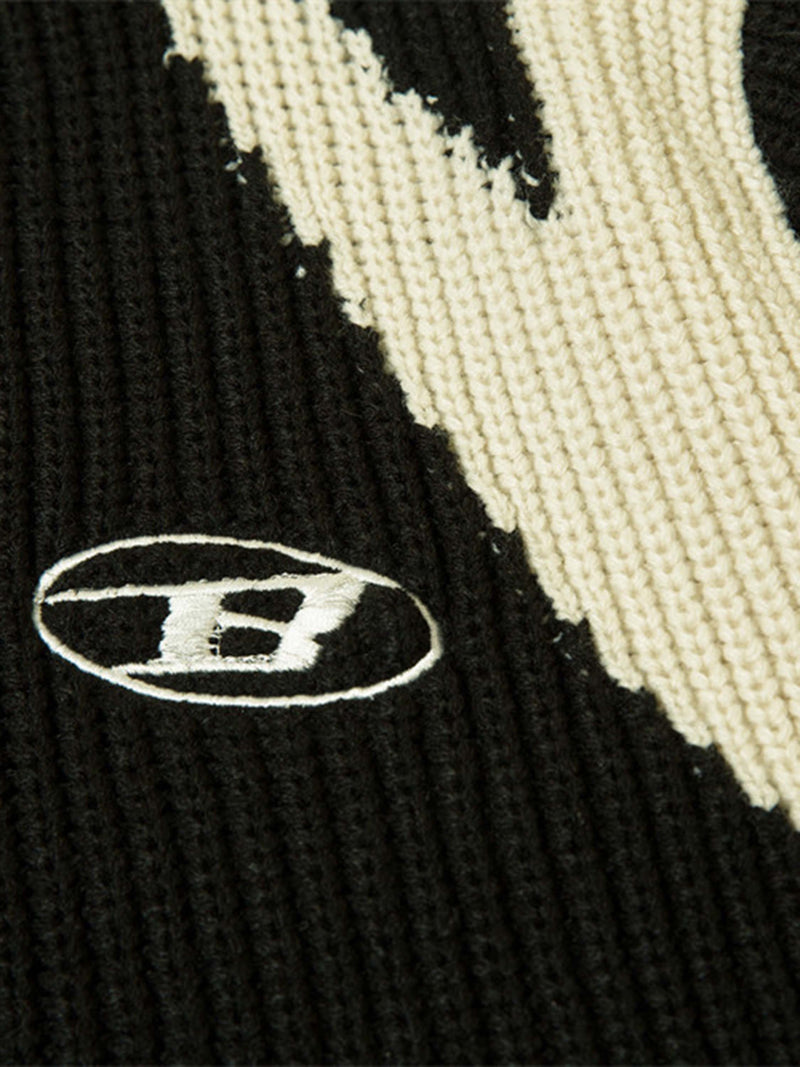 Schwarz-weißer Strickpullover mit gesticktem Logo, Baumwolle, modisch, Unisex.