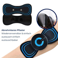 Schwarzes EMS-Muskelstimulationsgerät mit blauen Akzenten auf Arm, wiederverwendbar.