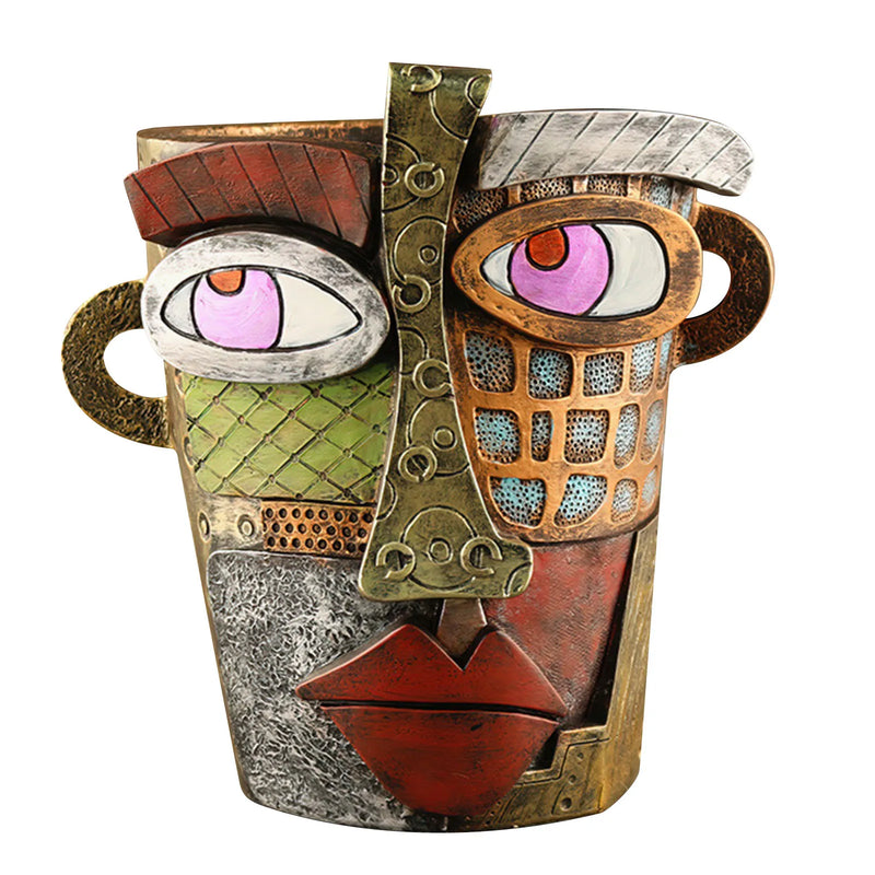 Abstrakter Blumentopf mit menschlichem Gesicht, bunte Kunst, Retro-Stil, Garten-Dekoration.