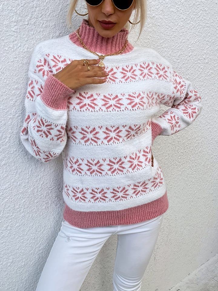 Frau in weiß-rosa Norwegerpullover, Rollkragen, Strickmuster, modisch, Wintermode.