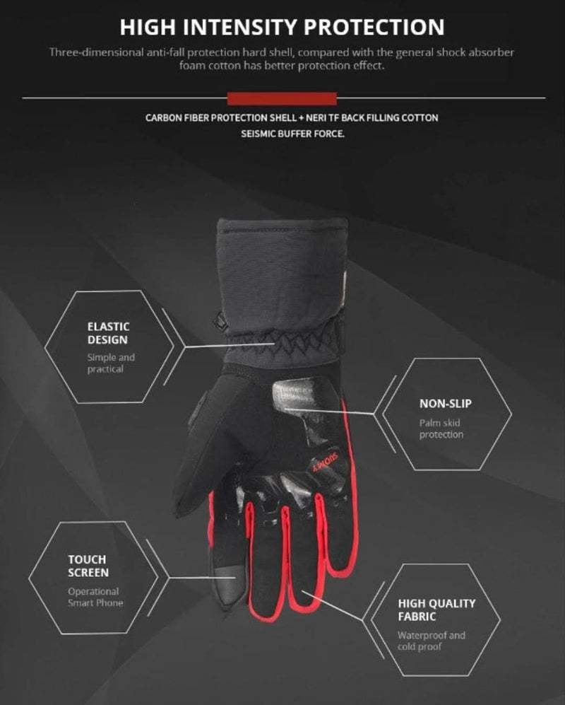 Schwarzer Motorradhandschuh mit rotem Akzent, Karbonfaser, Touchscreen-kompatibel, rutschfest.