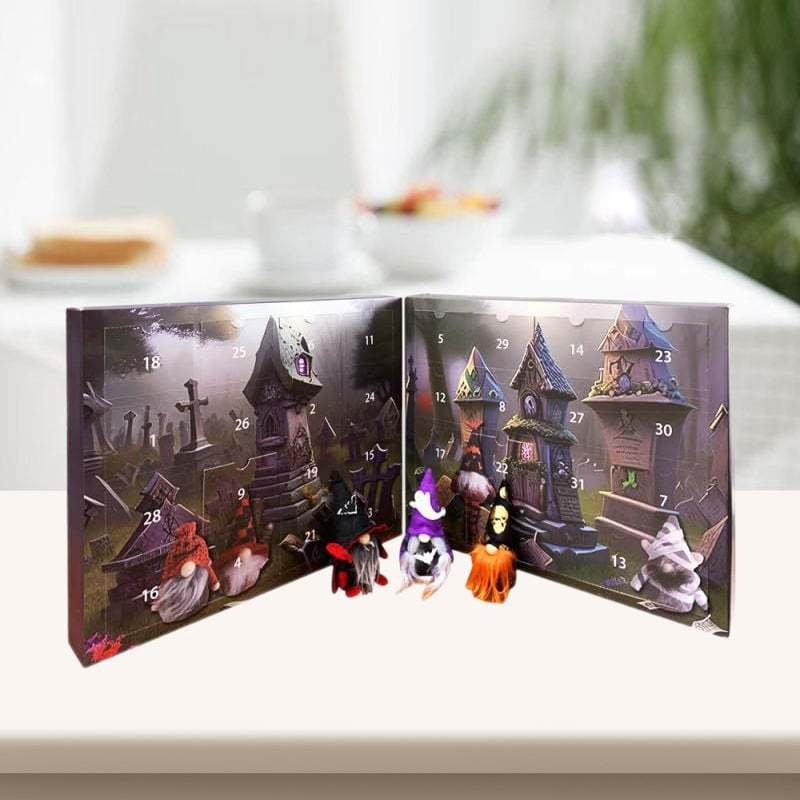 Geister-Adventskalender mit Figuren, Halloween-Motiv, gruseliges Design, 24 Türchen.