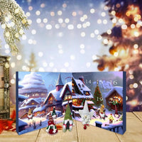 Weihnachtlicher Adventskalender mit Winterlandschaft, Schneehäusern und Wichteln im Hintergrund.