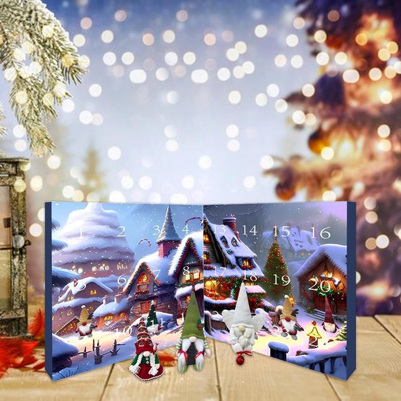 Weihnachtlicher Adventskalender mit Winterlandschaft, Schneehäusern und Wichteln im Hintergrund.