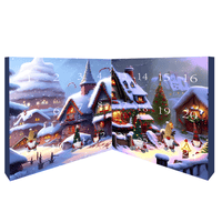 Weihnachtlicher Adventskalender mit verschneiten Häusern, Tannenbaum, Winterlandschaft, 24 Türchen.