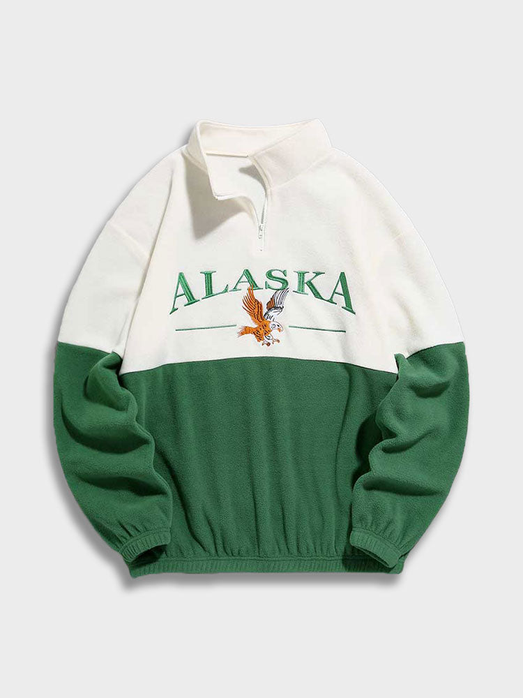 Grün-weißer Alaska-Pullover mit Adler-Design, Reißverschluss, Unisex, Baumwolle.