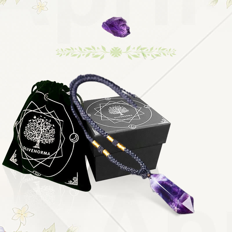 Amethyst-Anhänger mit schwarzer Kordel, Geschenkbox und Samtbeutel, spiritueller Schmuck.