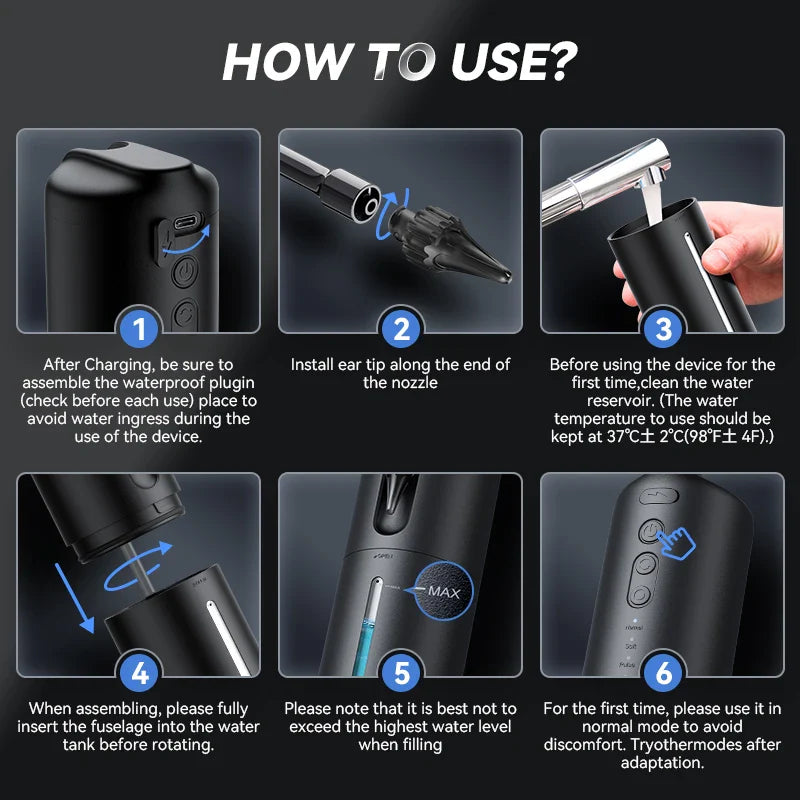 Schwarzer elektrischer Wasserflosser, Anleitung zur Verwendung, wasserdicht, USB-aufladbar.