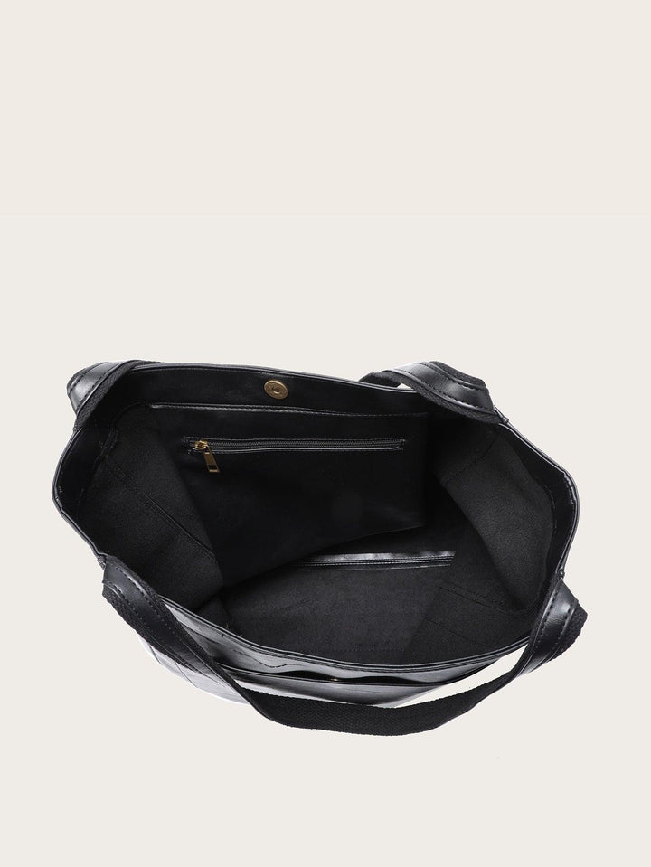 Schwarze Ledertasche mit Reißverschlussfach, langlebig, geräumig, modisch, Damenhandtasche.