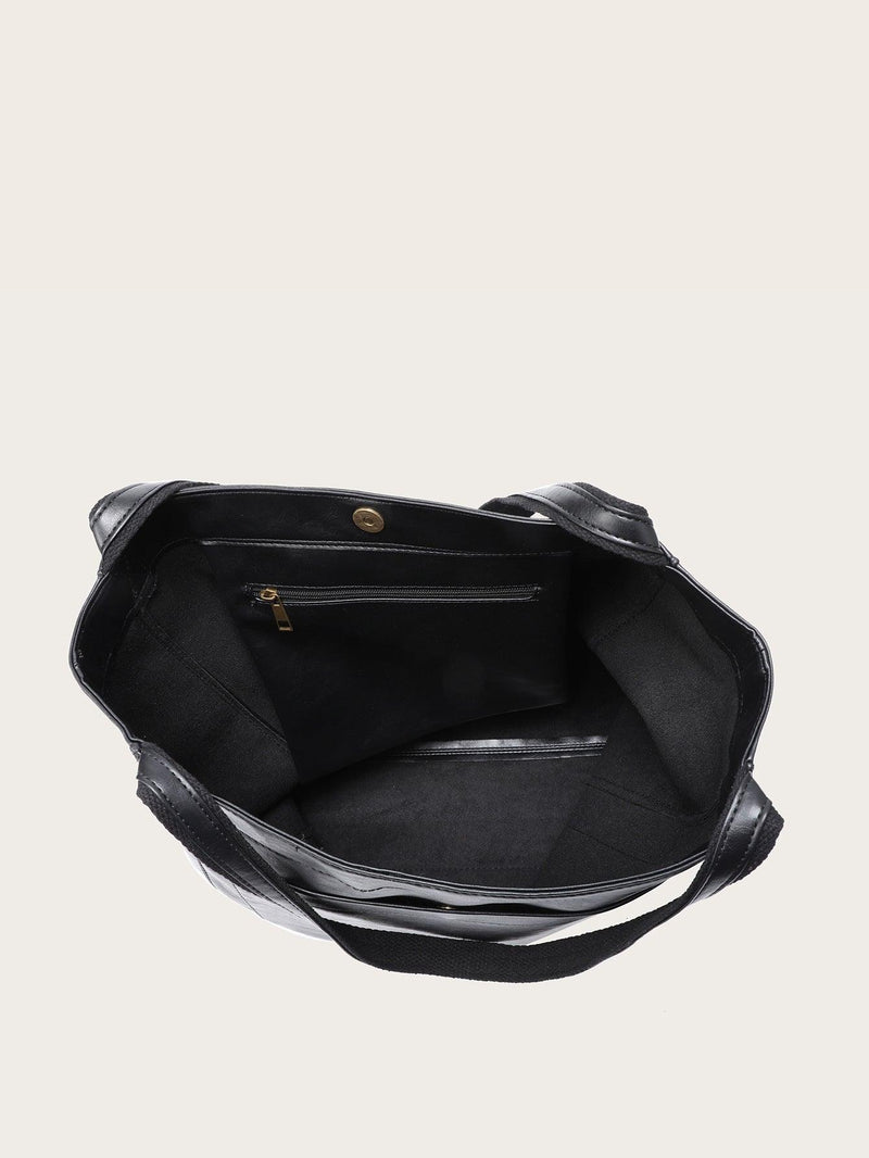 Schwarze Ledertasche mit Reißverschlussfach, langlebig, geräumig, modisch, Damenhandtasche.