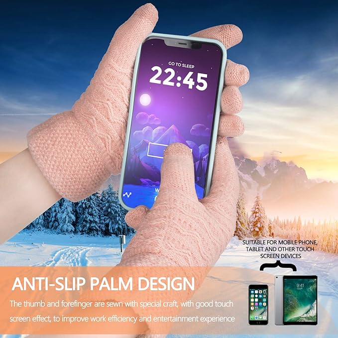 Rosa Touchscreen-Handschuhe, rutschfest, für Smartphones, Winter, gestrickt, warm.