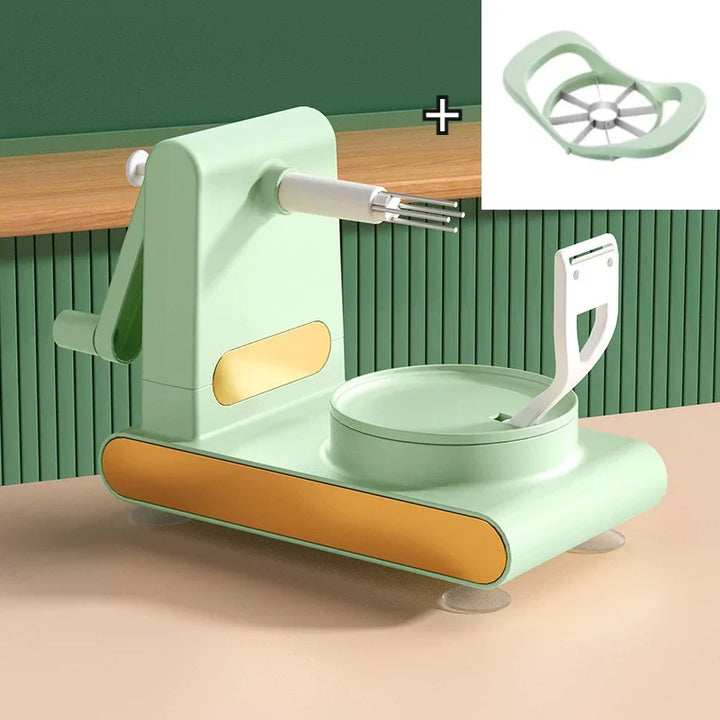 Grüner Apfelschneider aus Kunststoff mit ergonomischem Griff und rutschfester Basis.