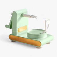 Grüner Spiralschneider aus Kunststoff, manuell, mit gelben Akzenten, Küchengerät.