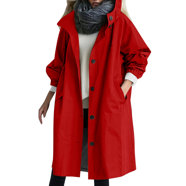 Roter winddichter Trenchcoat mit Kapuze, Damenmode, Herbstmantel, stilvoll und funktional.