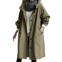Damen-Trenchcoat mit Kapuze, winddicht, olivgrün, Knöpfe, Taschen, Herbstmode.
