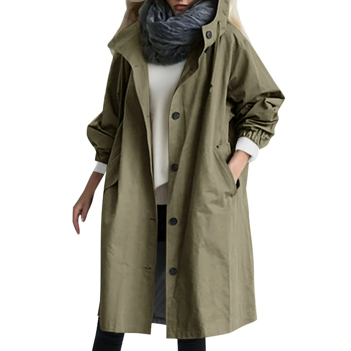 Damen-Trenchcoat mit Kapuze, winddicht, olivgrün, Knöpfe, Taschen, Herbstmode.