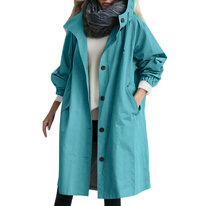 Damen Trenchcoat türkis, winddicht, Kapuze, modisch, Herbstmode, lässig, Knopfleiste.