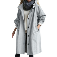 Damen Trenchcoat mit Kapuze, winddicht, grau, modisch, Herbstmode, lässiger Stil.