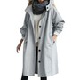 Damen Trenchcoat mit Kapuze, winddicht, grau, modisch, Herbstmode, lässiger Stil.