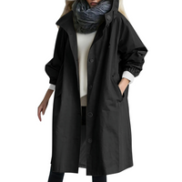 Damen winddichter Trenchcoat mit Kapuze, schwarz, modisch, Herbstbekleidung.