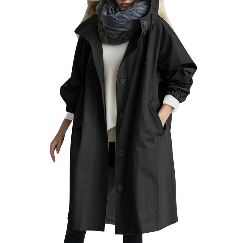 Damen winddichter Trenchcoat mit Kapuze, schwarz, modisch, Herbstbekleidung.