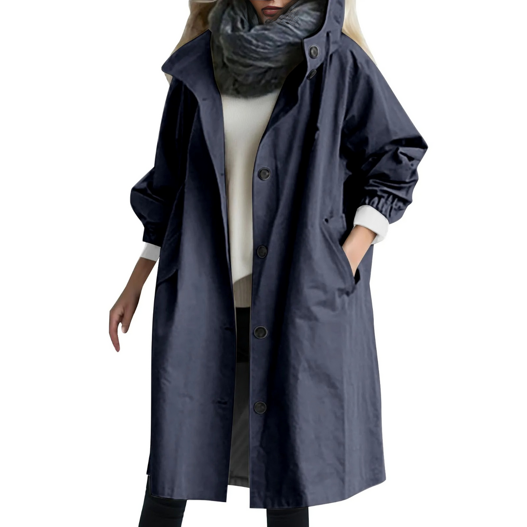 Damen-Trenchcoat mit Kapuze, winddicht, dunkelblau, modisch, Herbstmode, lässig.