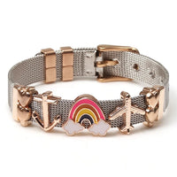 Rosegoldenes Armband mit Anker, Regenbogen und Flugzeug, Edelstahl, Damen-Schmuck.