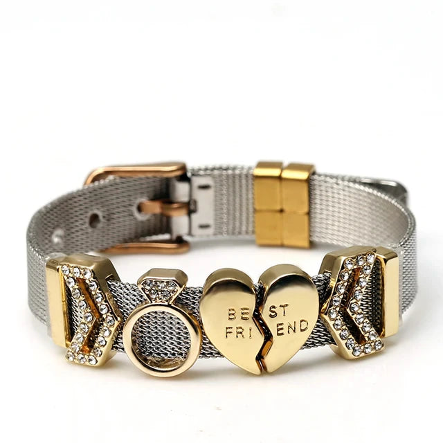 Armband aus Edelstahl, goldene Herzanhänger, "Best Friend", Strass, verstellbar, modisch