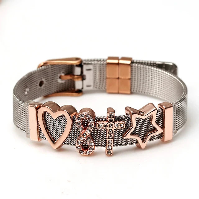 Armband aus Edelstahl mit roségoldenen Charms, Herz, Unendlichkeit, Kreuz, Stern, Damenmode.