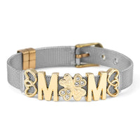 Armband aus Edelstahl mit goldenen "MOM"-Buchstaben und Herzdesign, Damen-Schmuck.