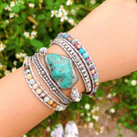 Armband-Set mit türkisfarbenem Stein, Perlen und Leder, Boho-Stil, Damen-Schmuck
