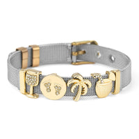 Silbernes Armband mit goldenen Charms, Palmen- und Cocktail-Design, Edelstahl, Damenaccessoire.