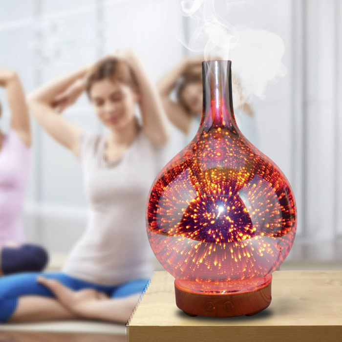Roter Glas-Aromadiffusor mit LED-Licht, dekorativ, für Yoga und Entspannung im Innenbereich.