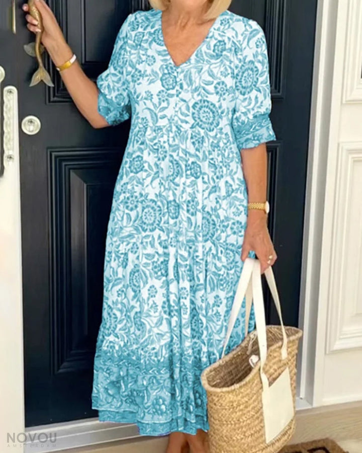 Herbstliches V-Ausschnitt Blumenkleid – Soléna