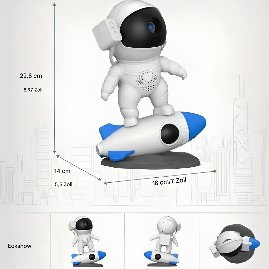 Astronautenfigur auf Rakete, weiß-blau, 22,8 cm, Deko, modernes Design, Kinderzimmer-Dekoration.