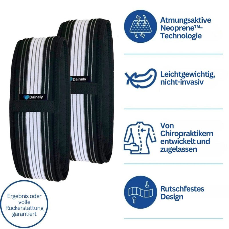 Schwarze und weiße Neopren-Kniebandage, atmungsaktiv, rutschfest, chiropraktisch entwickelt.