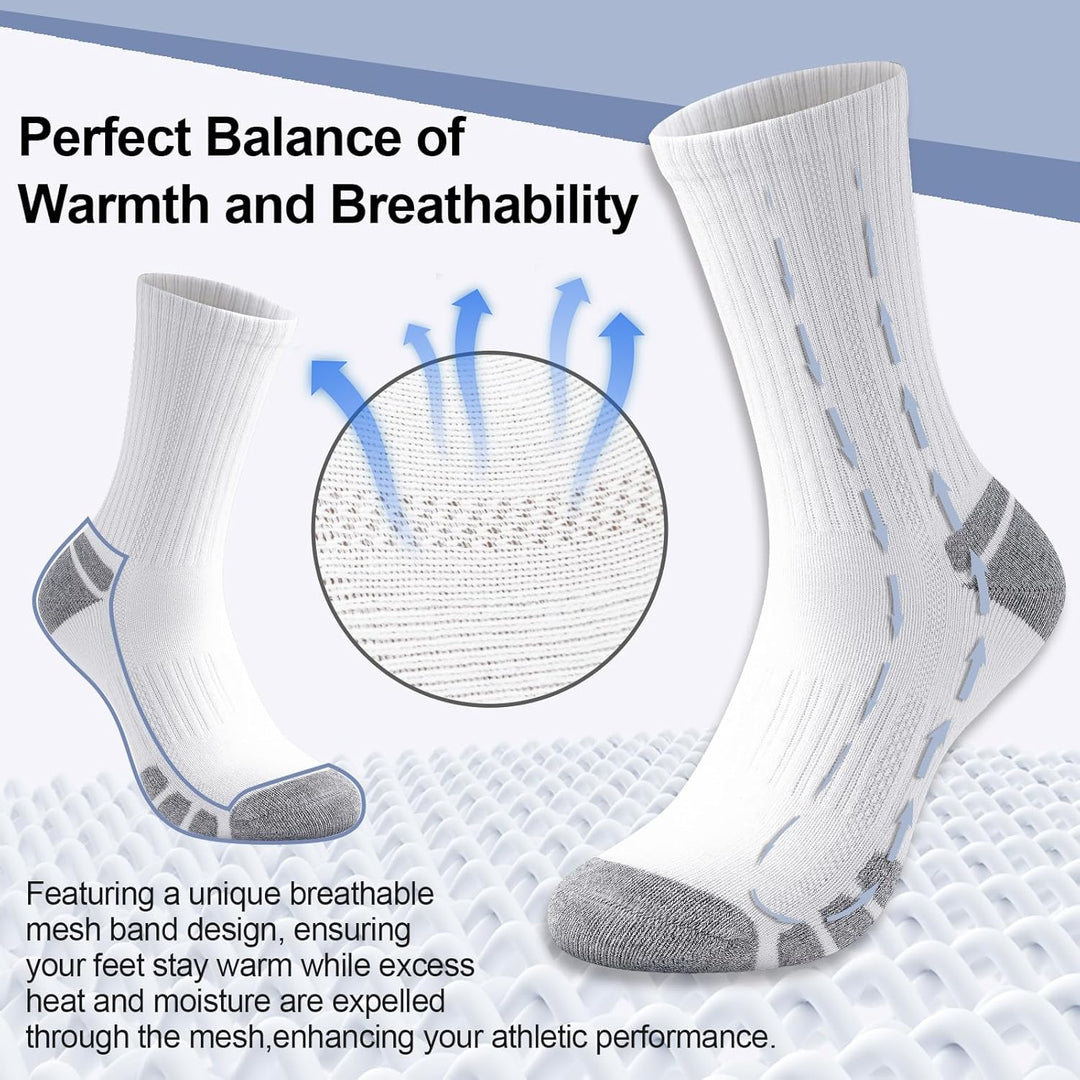 Weiße atmungsaktive Sportsocken, gepolstert, feuchtigkeitsableitend, ideal für Sport.
