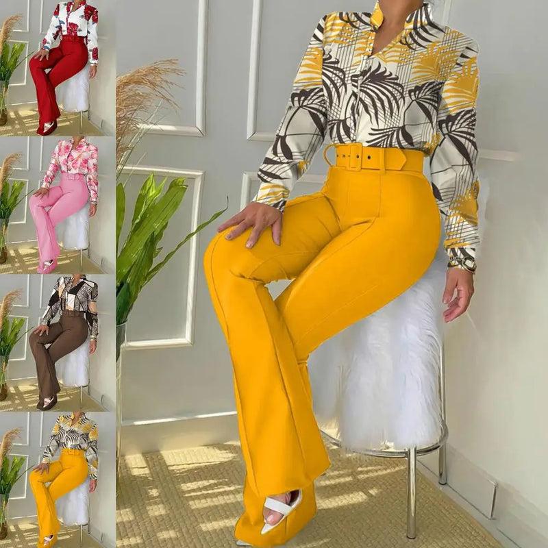 Frau in gelbem Anzug mit Blumenmuster, modisch, stilvoll, Damenmode, bequem, vier Farben.