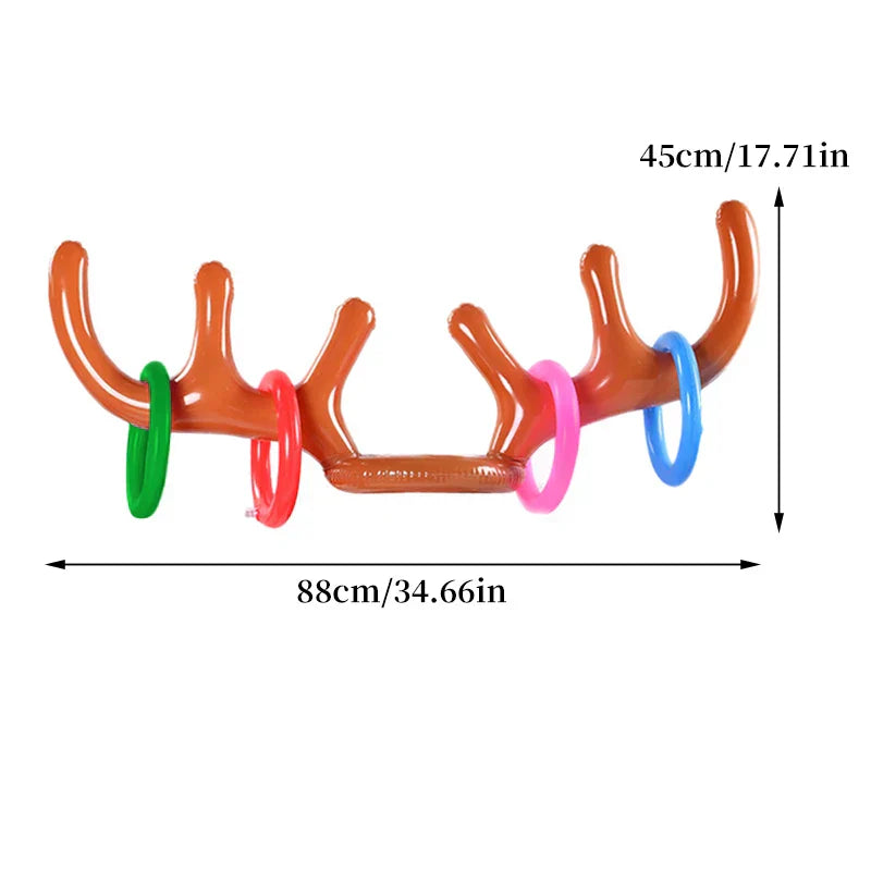 Aufblasbares Rentiergeweih Spiel, braun, mit bunten Ringen, 88cm x 45cm, Partyspiel.
