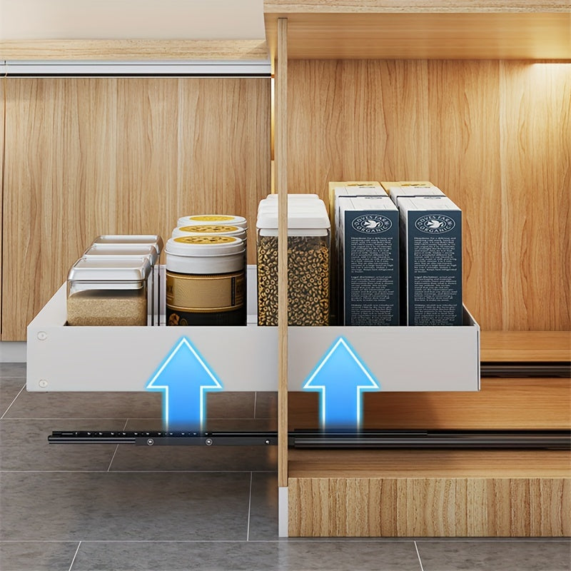 Küchenschublade mit Vorratsbehältern, Holzoptik, Auszug, moderne Aufbewahrungslösung.