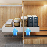 Küchenschublade mit Vorratsbehältern, Holzoptik, Auszug, moderne Aufbewahrungslösung.