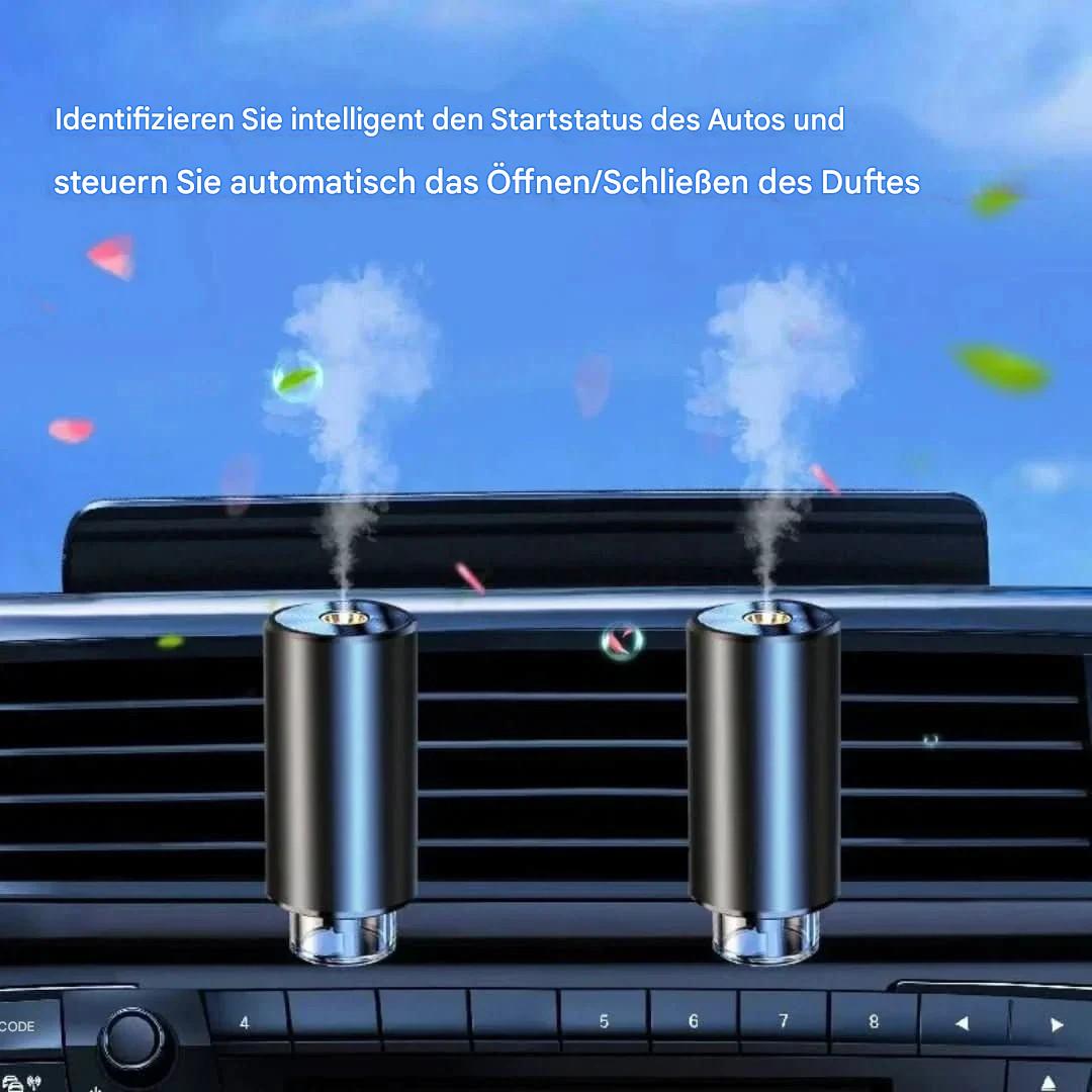 Auto-Aromatherapie-Gerät, schwarz, montiert, Duftsteuerung, Lüftungsschlitze, Rauch sichtbar